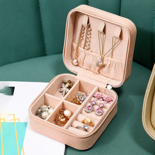 Jewellery Organizer Box PU Leather Zipper Storage Case | Dividers for Rings, Earrings, Necklace, Portable Travel-Friendly Jewellery Box for Women & Girls - Pink (Square)