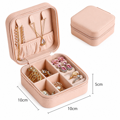 Jewellery Organizer Box PU Leather Zipper Storage Case | Dividers for Rings, Earrings, Necklace, Portable Travel-Friendly Jewellery Box for Women & Girls - Pink (Square)