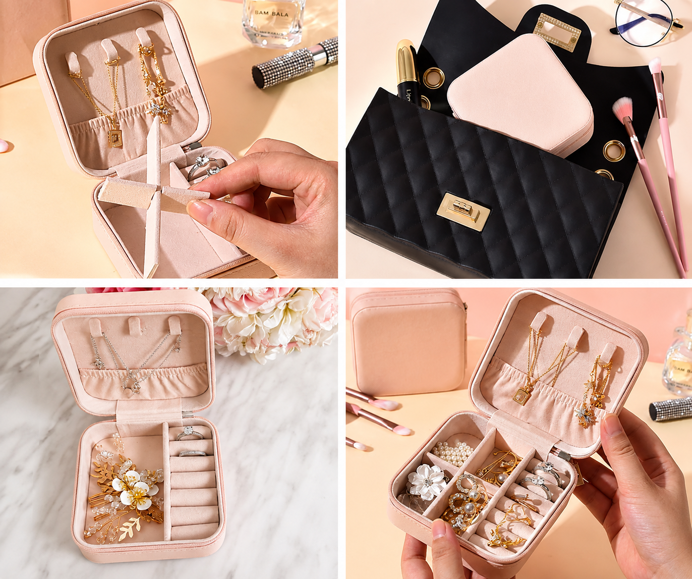 Jewellery Organizer Box PU Leather Zipper Storage Case | Dividers for Rings, Earrings, Necklace, Portable Travel-Friendly Jewellery Box for Women & Girls - Pink (Square)